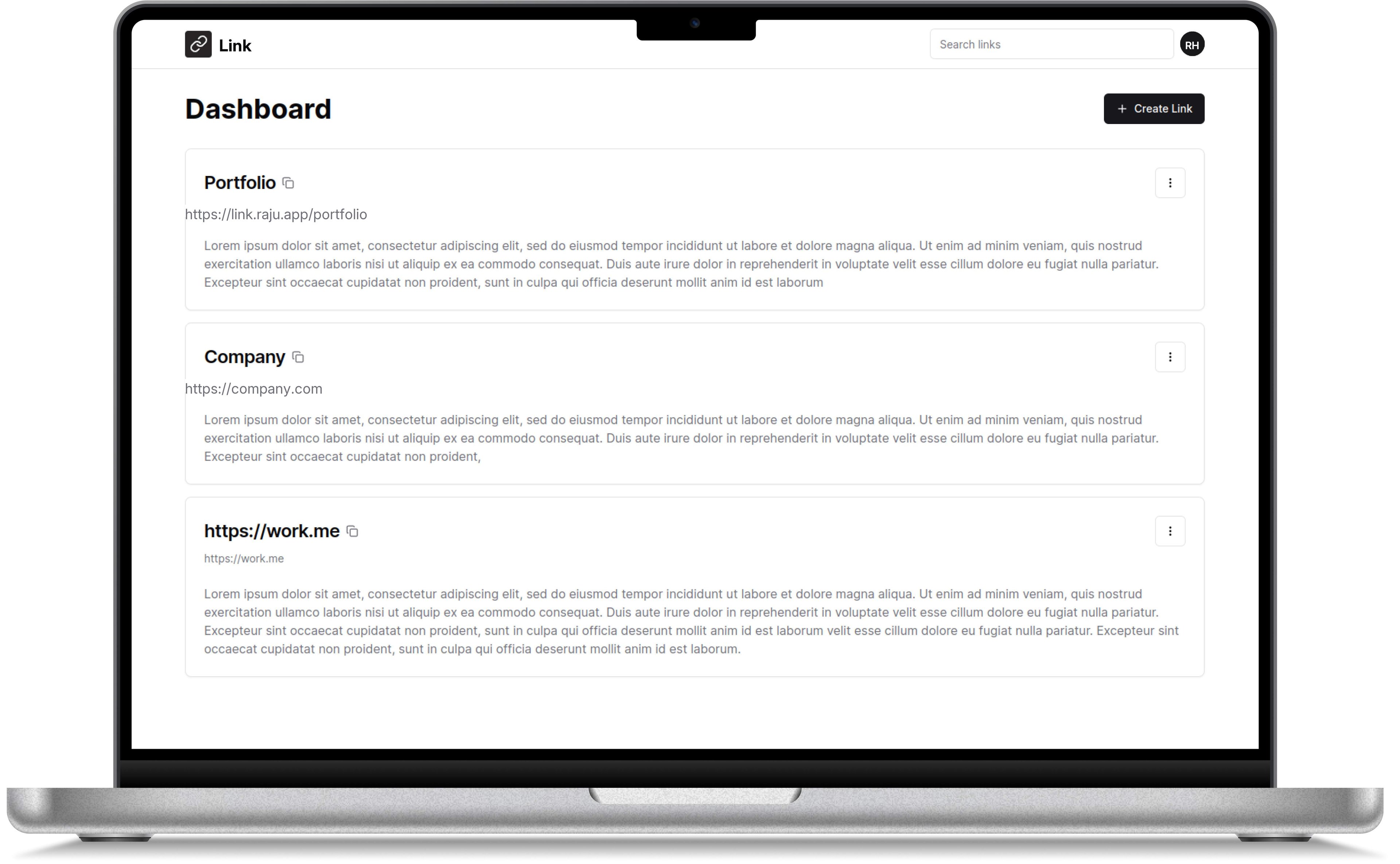 Link URL shortener dashboard mockup displayed in a laptop frame